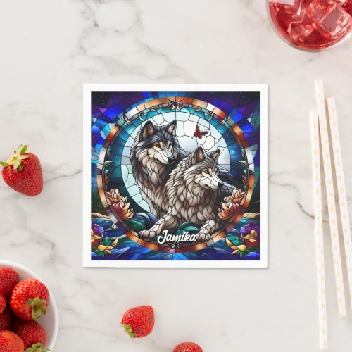 Stained Glass Look Wolf Pair Napkins