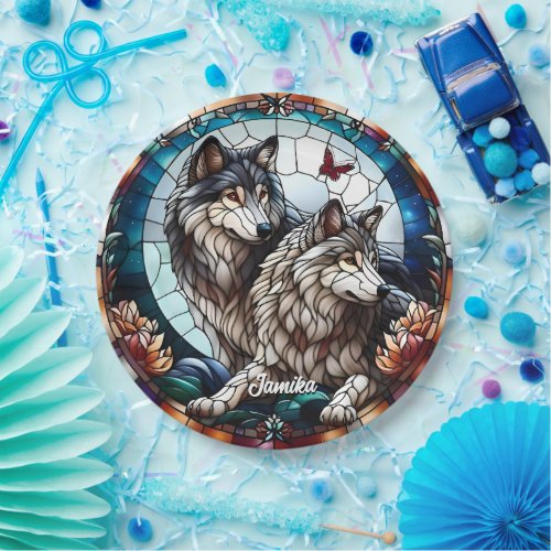 Stained Glass Look Wolf Pair Paper Plates