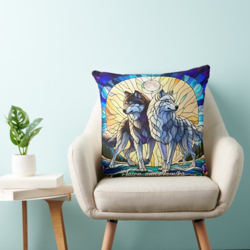 Stained Glass Look Wolf Pair Throw Pillow