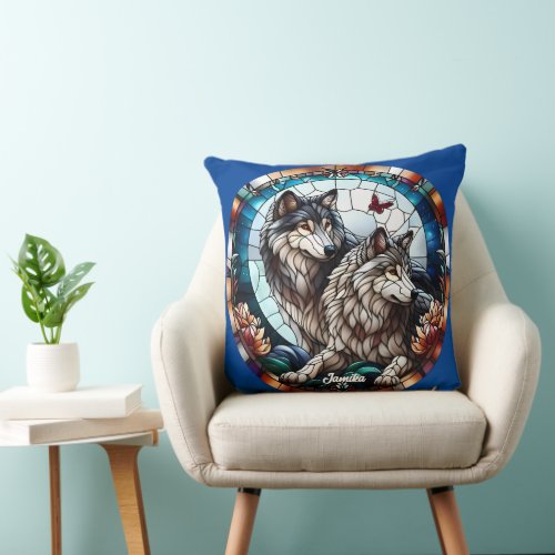 Stained Glass Look Wolf Pair Throw Pillow