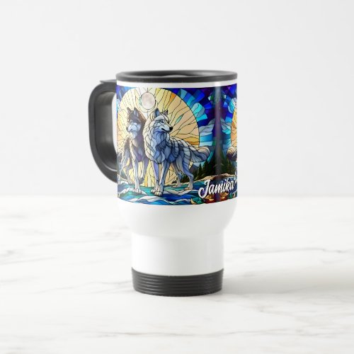 Stained Glass Look Wolf Pair Travel Mug