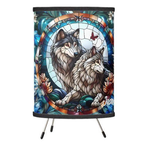 Stained Glass Look Wolf Pair Tripod Lamp