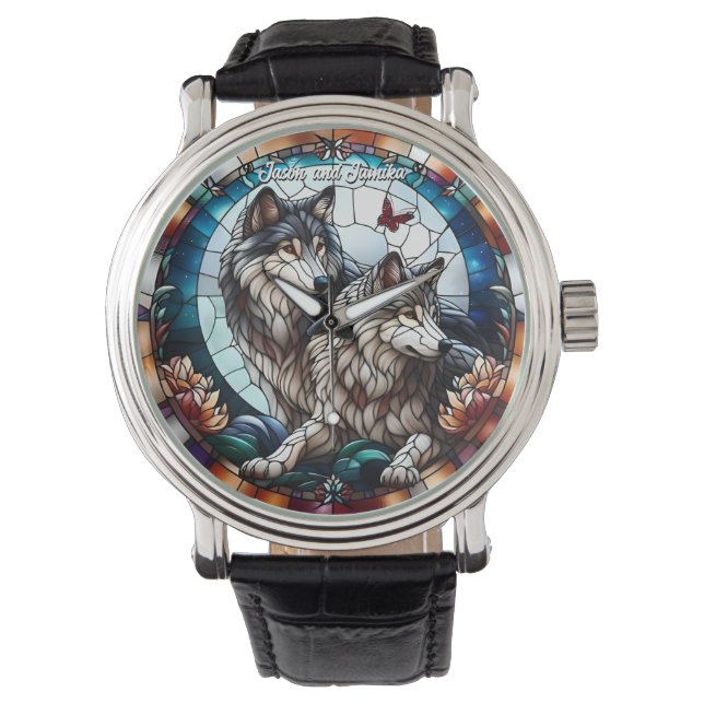 Stained Glass Look Wolf Pair Watch (Front)