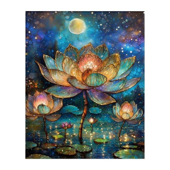 Stained Glass Lotus Blossoms in the Moonlight Acrylic Print (Front)