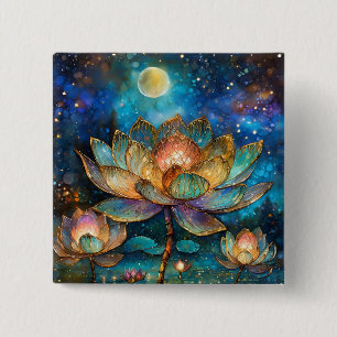 Stained Glass Lotus Blossoms in the Moonlight Button