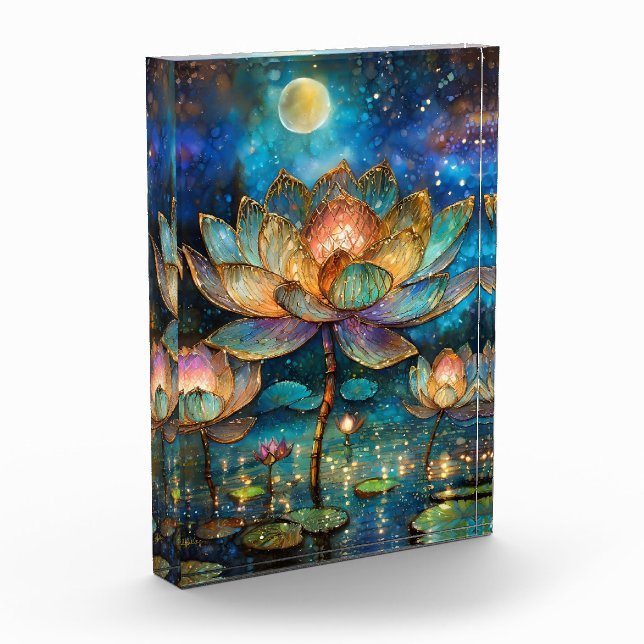 Stained Glass Lotus Blossoms in the Moonlight Photo Block (Left)