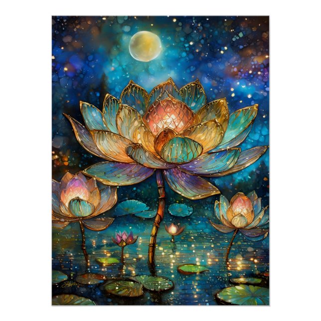Stained Glass Lotus Blossoms in the Moonlight Poster (Front)