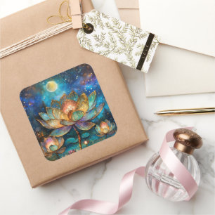 Stained Glass Lotus Blossoms in the Moonlight Square Sticker