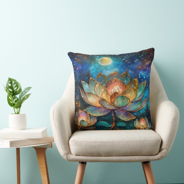 Stained Glass Lotus Blossoms in the Moonlight Throw Pillow (Chair)