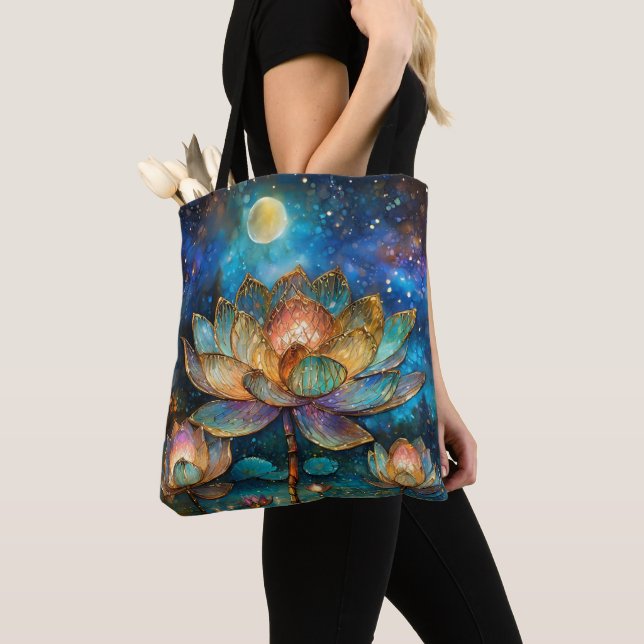 Stained Glass Lotus Blossoms in the Moonlight Tote Bag (Close Up)