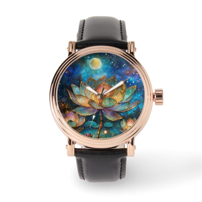 Stained Glass Lotus Blossoms in the Moonlight Watch (Front)