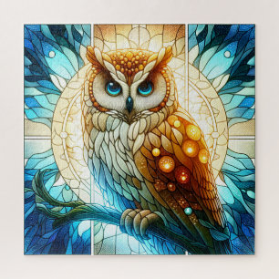 Stained glass Majestic owl vibrant abstract art Jigsaw Puzzle