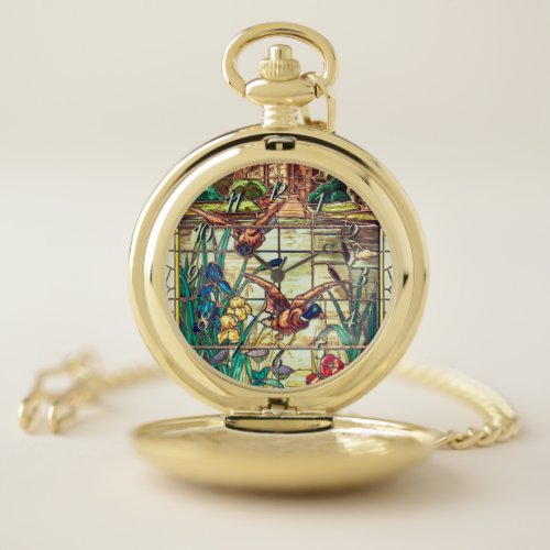 Stained glass mallard ducks at the pond pocket watch