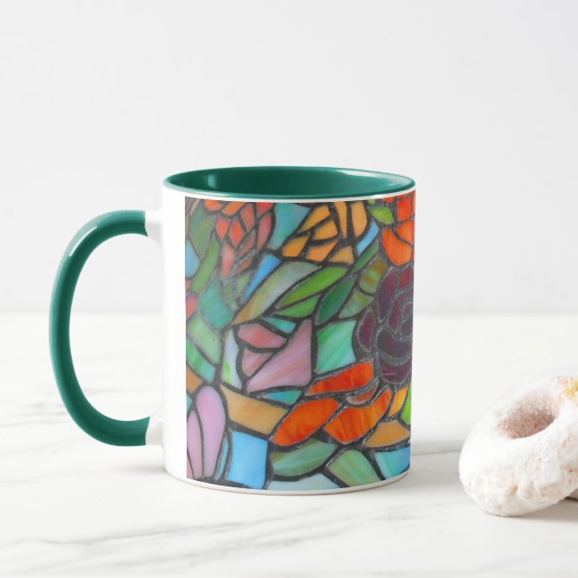 Stained Glass Maroon Rose Floral Coffee Mug (With Donut)