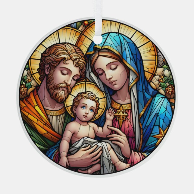 Stained Glass Mary, Joseph and Jesus Glass Ornament (Back)