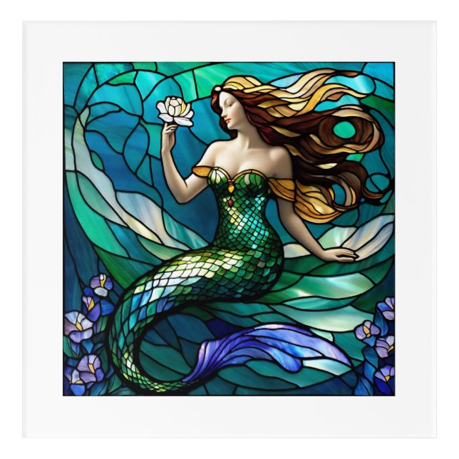 Stained glass mermaid admiring a flower acrylic print (Front)