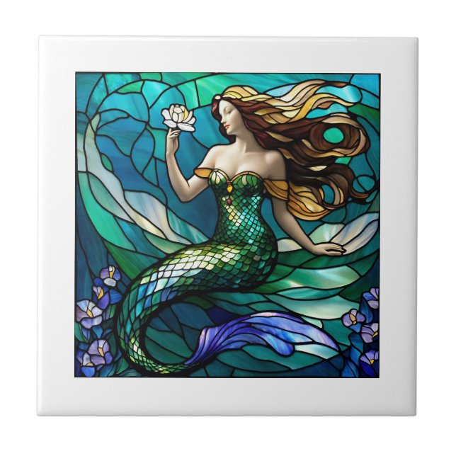 Stained glass mermaid admiring a flower ceramic tile (Front)