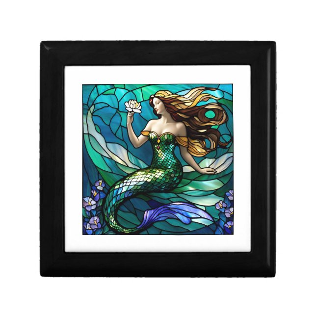 Stained glass mermaid admiring a flower gift box (Front)