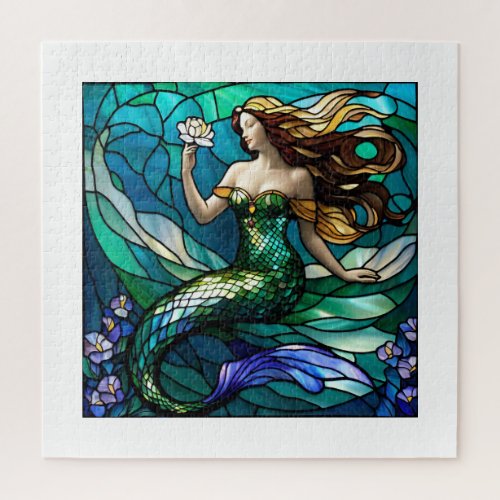 Stained glass mermaid admiring a flower jigsaw puzzle