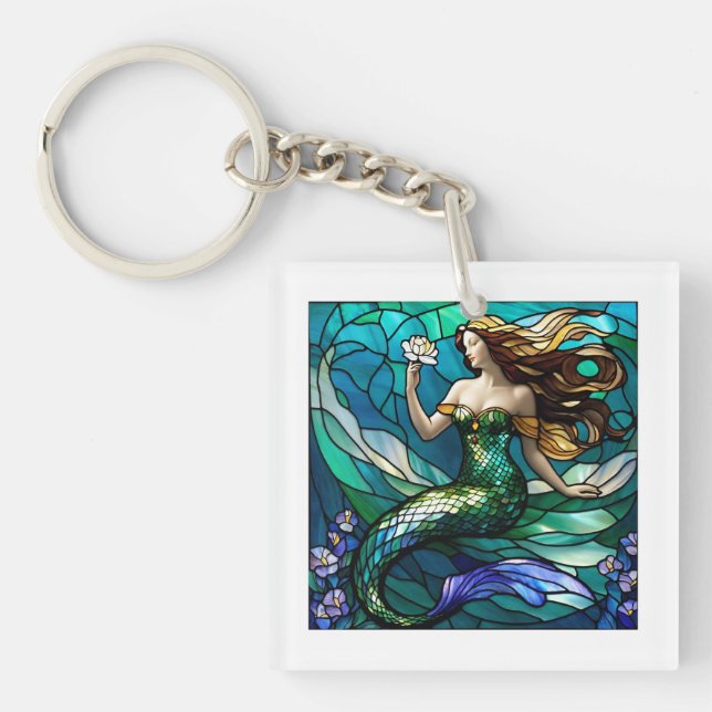 Stained glass mermaid admiring a flower keychain (Front)