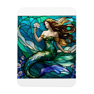 Stained glass mermaid admiring a flower magnet