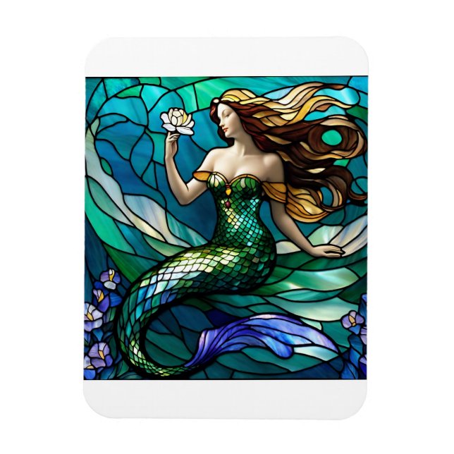 Stained glass mermaid admiring a flower magnet (Vertical)