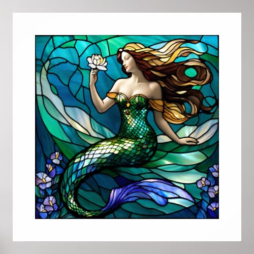 Stained glass mermaid admiring a flower poster