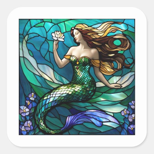 Stained glass mermaid admiring a flower square sticker