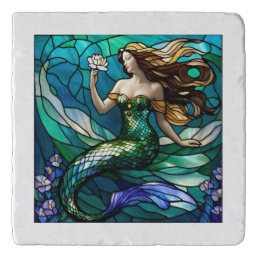 Stained glass mermaid admiring a flower trivet