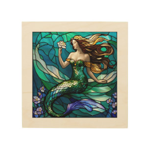 Stained glass mermaid admiring a flower wood wall art