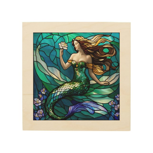 Stained glass mermaid admiring a flower wood wall art (Front)