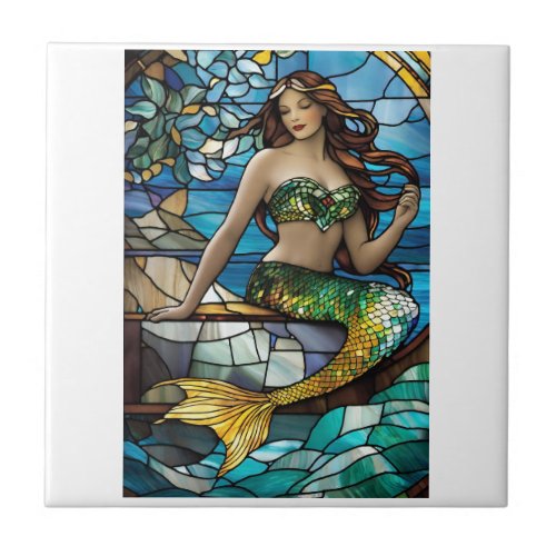 Stained glass mermaid  ceramic tile