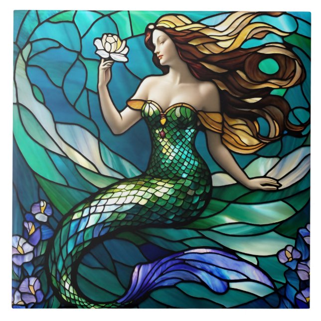 Stained Glass Mermaid Ceramic Tile (Front)