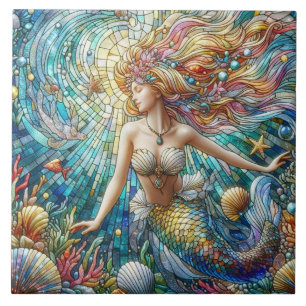 Stained Glass Mermaid Ceramic Tile