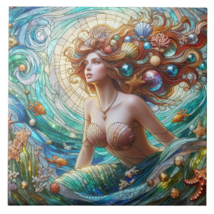 Stained Glass Mermaid Ceramic Tile