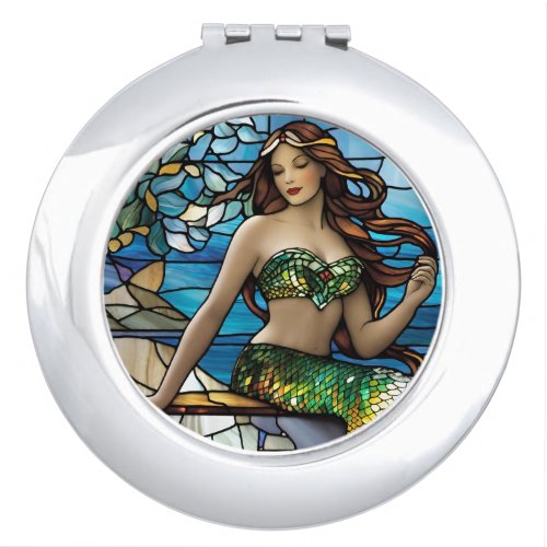 Stained glass mermaid  compact mirror