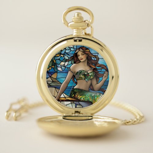 Stained glass mermaid  pocket watch