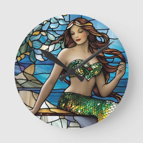 Stained glass mermaid  round clock