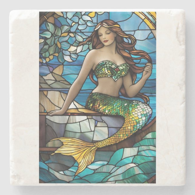 Stained glass mermaid  stone coaster (Front)