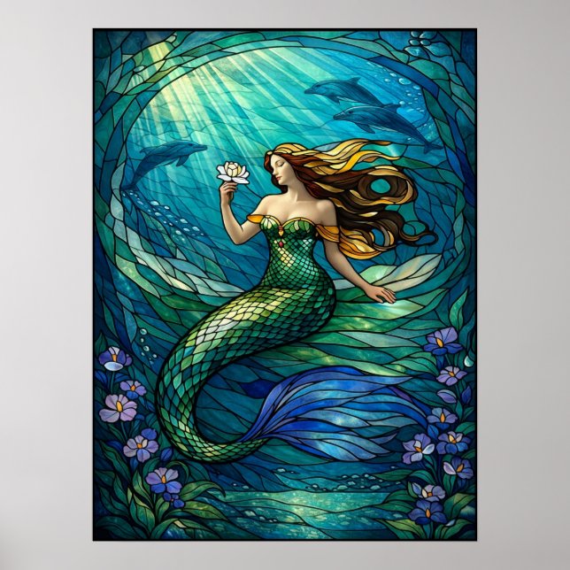 Stained Glass Mermaid Wall Art Poster (Front)