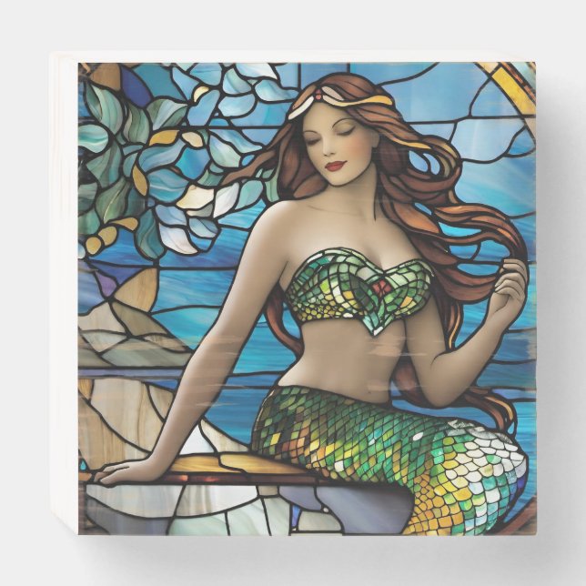 Stained glass mermaid  wooden box sign (Front Horizontal)