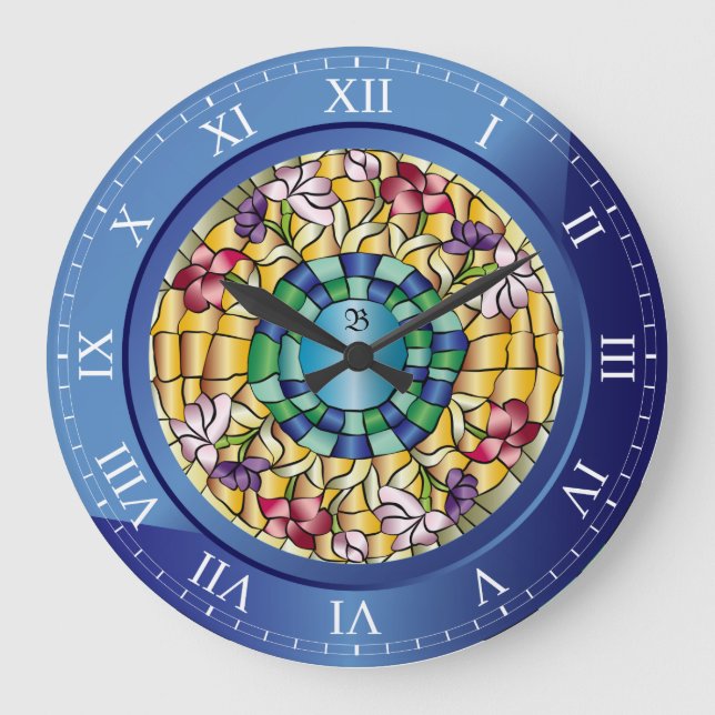 Stained Glass Monogram Colorful Jewel Flowers Large Clock (Front)