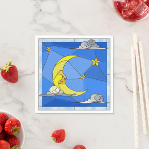 Stained Glass Moon, Stars, and Clouds Paper Napkin