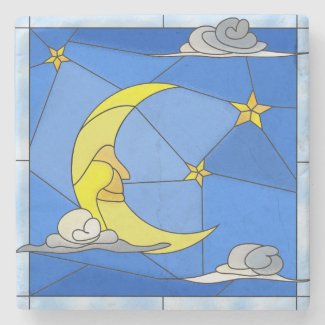 Stained Glass Moon, Stars, and Clouds Stone Coaster