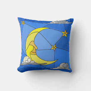 Stained Glass Moon, Stars, and Clouds Throw Pillow