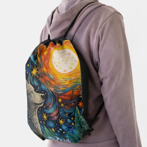 stained glass moon wolf backpacks drawstring bag