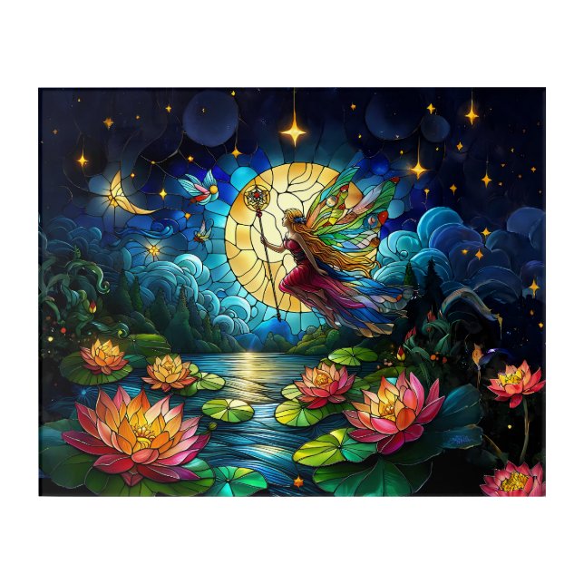 Stained Glass Moonlight Flight Fairy  Acrylic Print (Front)
