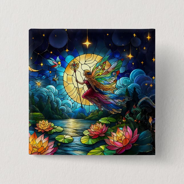 Stained Glass Moonlight Flight Fairy  Button (Front)