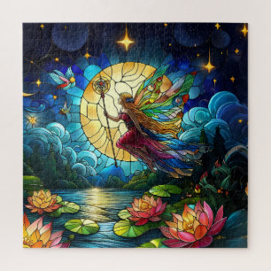 Stained Glass Moonlight Flight Fairy Jigsaw Puzzle