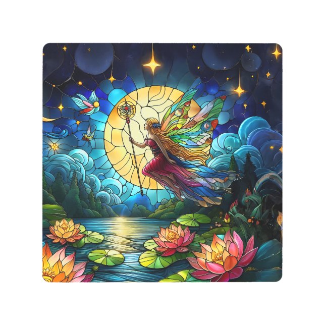 Stained Glass Moonlight Flight Fairy  Metal Print (Front)